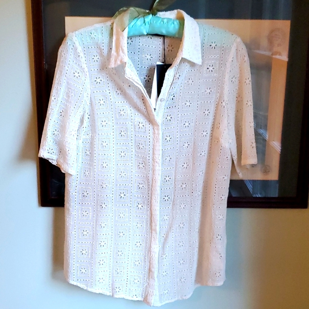 🦋Zara Woman cream lace short sleeve button blouse small
